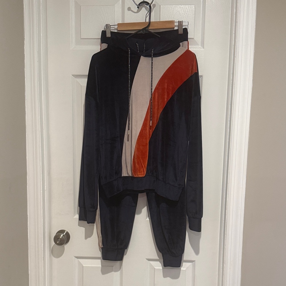 Fashion Nova Navy Velour Colorblock Hooded Tracksuit Jogger Set Size L